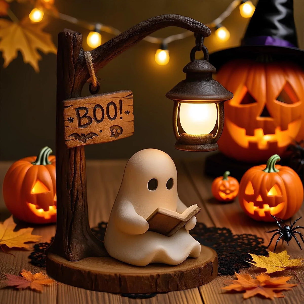 Ghost Reading Lantern 4.3x3.14x6.3 Inches Resin Spooky Night Light for Bookshelf Desk Home Office